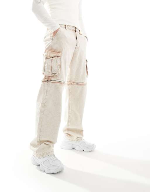 Liquor N Poker - Afritsbare denim cargobroek met baggy pasvorm in beige met wassing