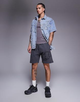applique patch and stud logo jersey shorts in gray