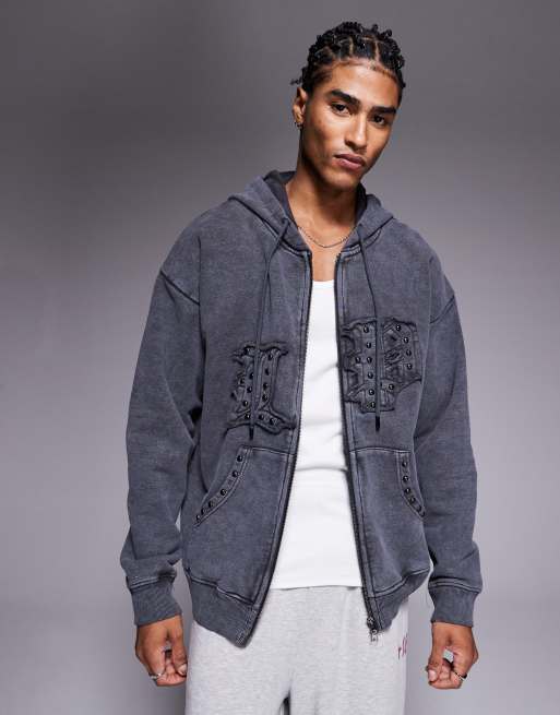 Liquor N Poker applique patch and stud logo oversized hoodie in grey