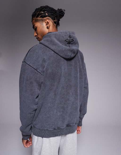 Liquor N Poker applique patch and stud logo oversized hoodie in grey