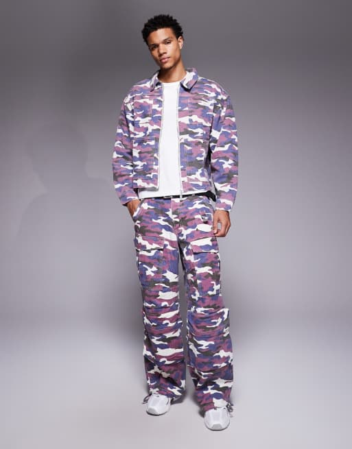 Liquor N Poker baggy denim cargos in burgundy camo - part of a set