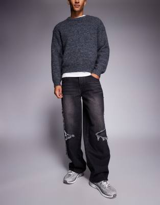 Liquor N Poker Baggy Denim Rip Repair Side Seam Jeans In Multi