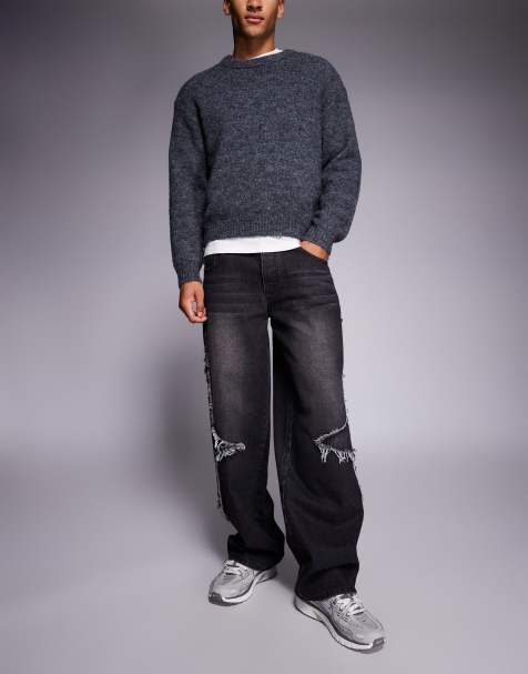 Liquor N Poker baggy denim rip repair side seam jeans in black - view 1