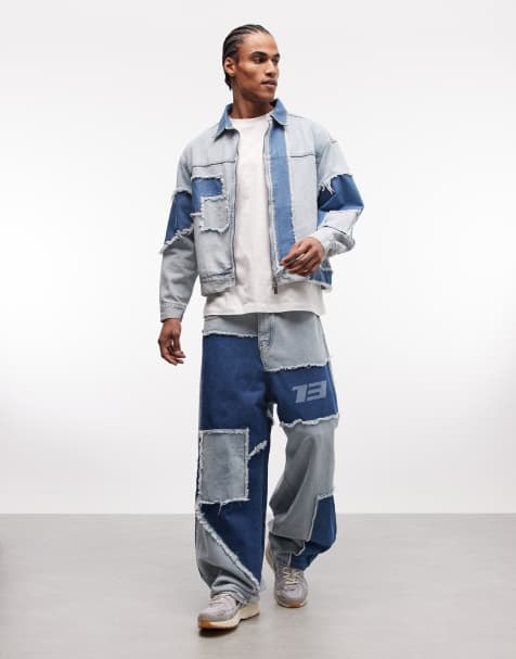 Liquor N Poker baggy distressed cut and sew jeans set in blue - view 1