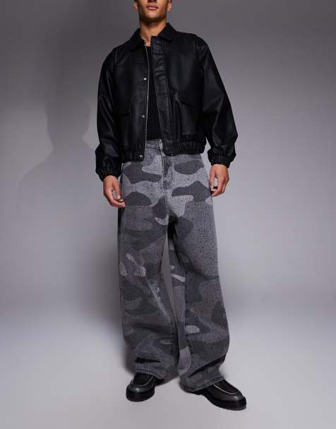 Liquor N Poker baggy embellished rhinestone jeans in grey camo