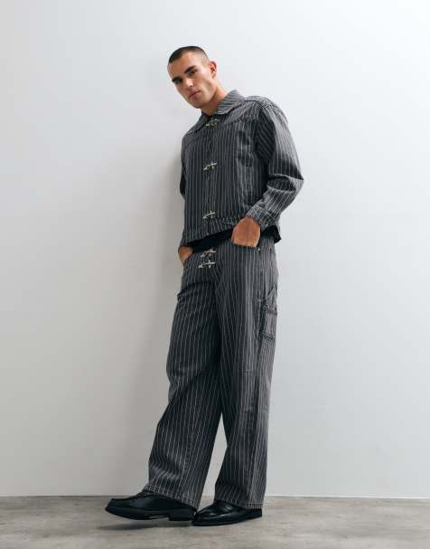 Liquor N Poker baggy fireman clasp detail jeans in charcoal stripe (part of a set) - view 1