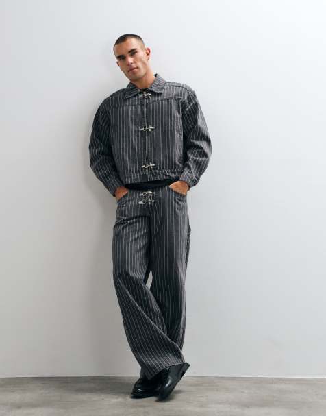 Liquor N Poker baggy fireman clasp detail jeans in charcoal striped print - part of a set - view 1