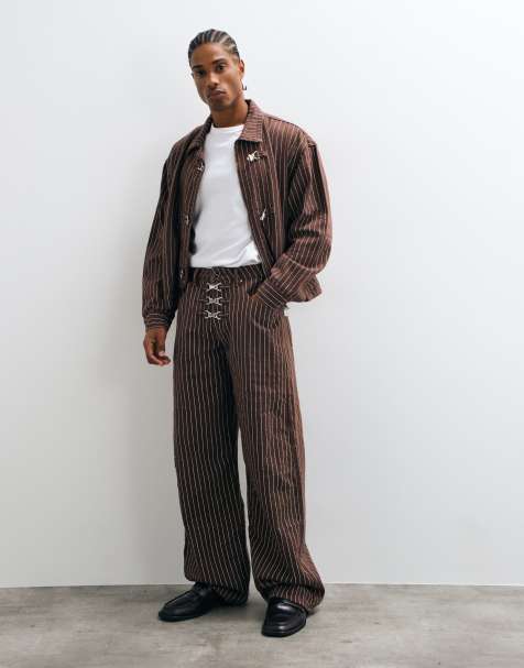 Liquor N Poker baggy fireman clasp jeans co-ord in chocolate brown stripe - view 1