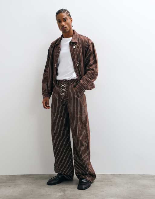 Liquor N Poker fireman clasp jacket and jeans co-ord in chocolate brown stripe, 2 of 3