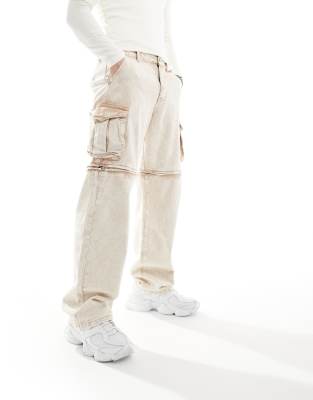 Liquor N Poker Baggy Fit Detachable Cargo Pants In Washed Beige Denim-neutral