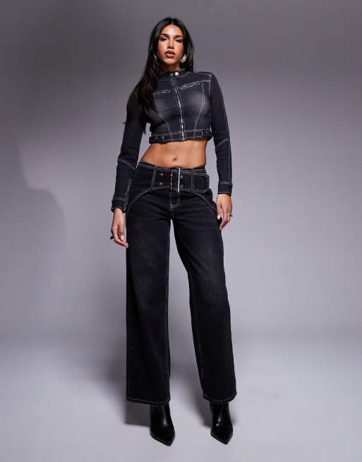 Liquor N Poker - Baggy jeans met contrasterende stiksels en gesp in zwart met wassing