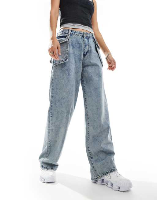 Liquor N Poker - Baggy jeans met halfhoge taille en oversized zak in dirty wassing