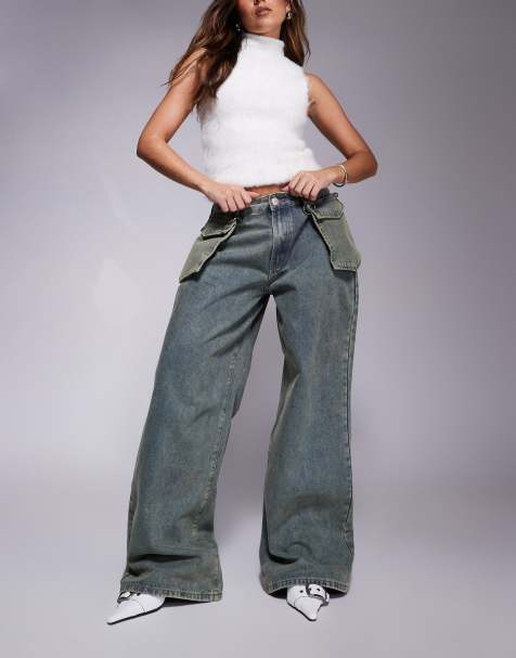 Liquor N Poker - Baggy jeans met halfhoge taille en oversized zak in vuilgroene wassing - view 1