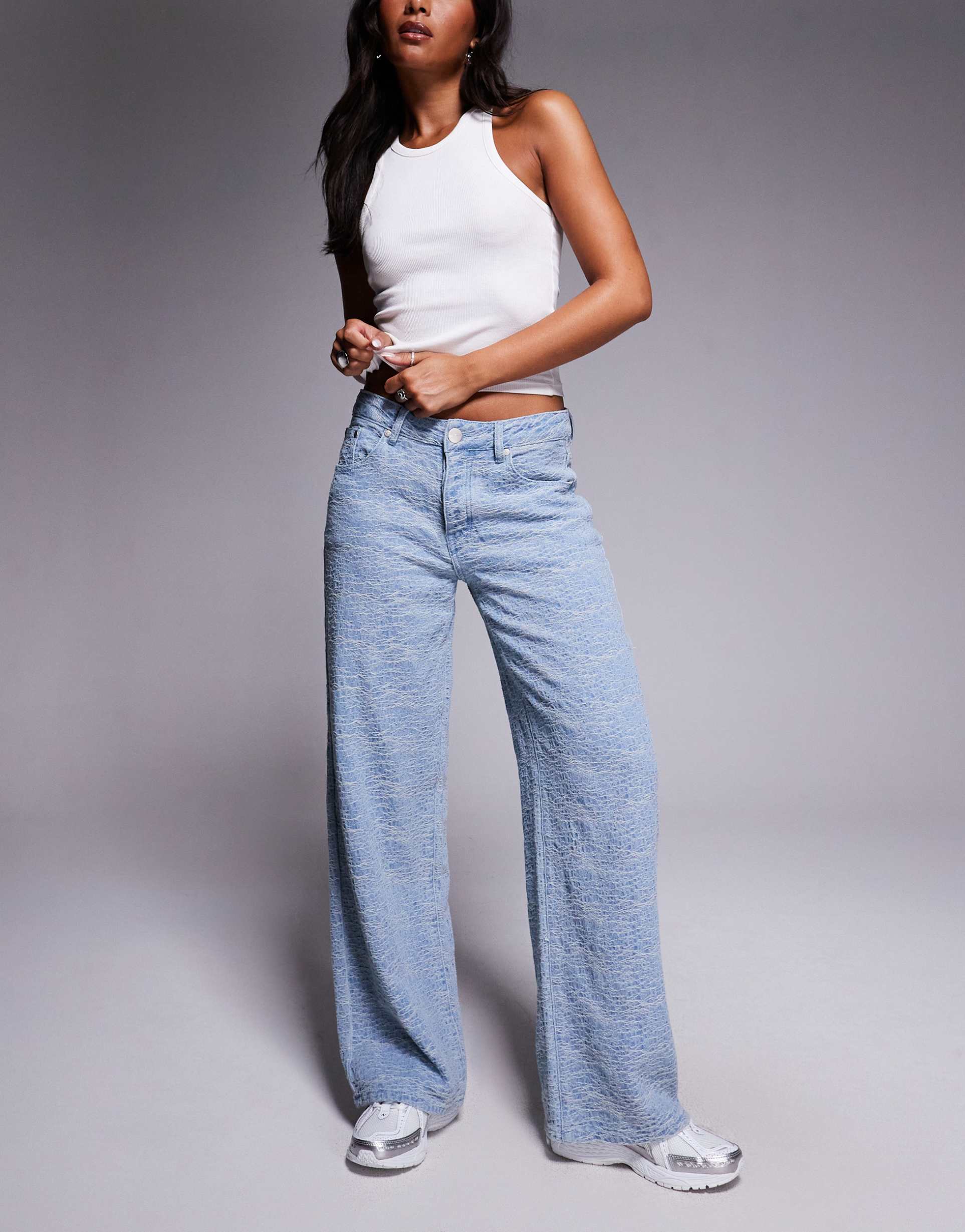 liquor n poker baggy jeans with embossed texture in light wash blue