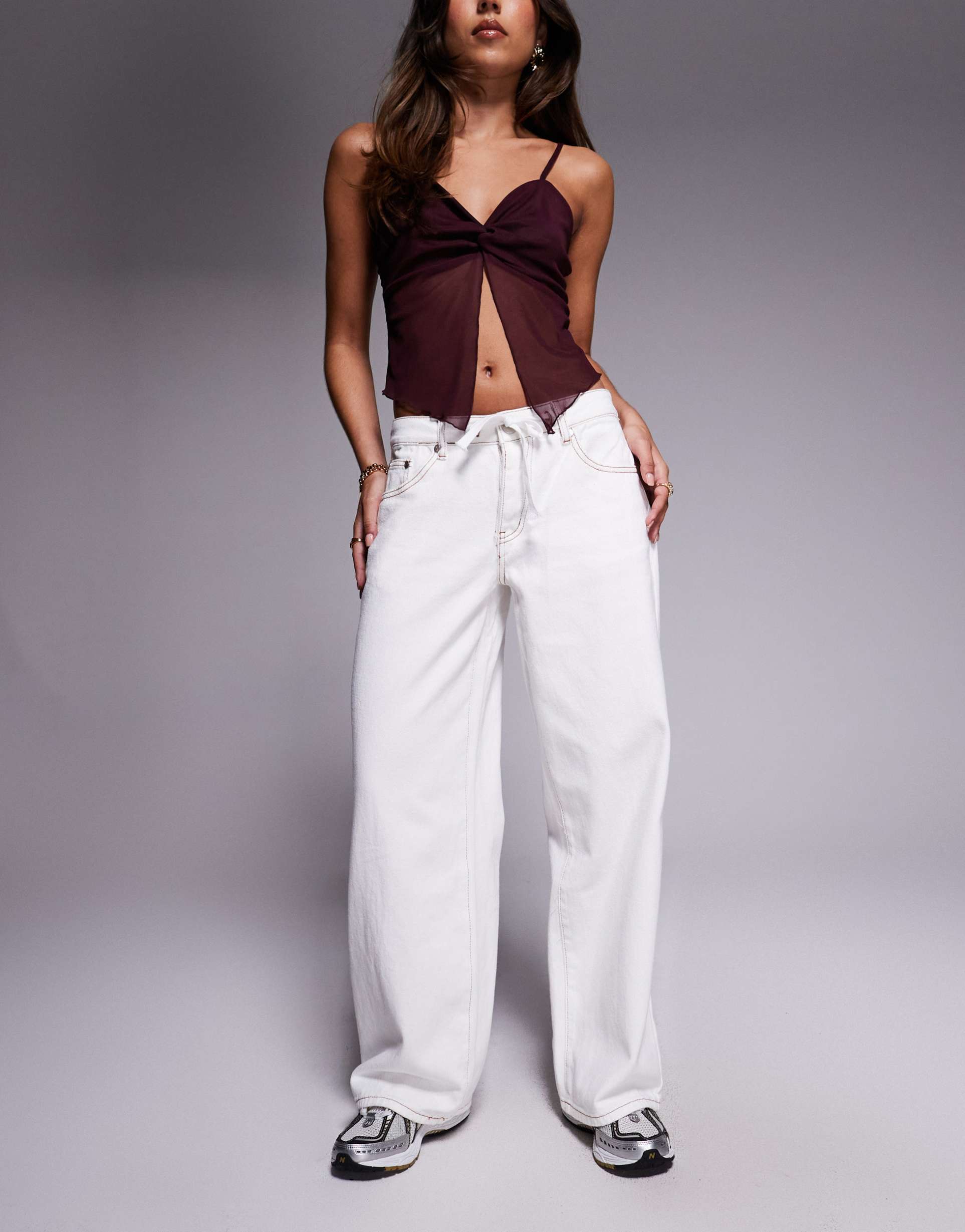 liquor n poker baggy jeans with tie front detail in ecru