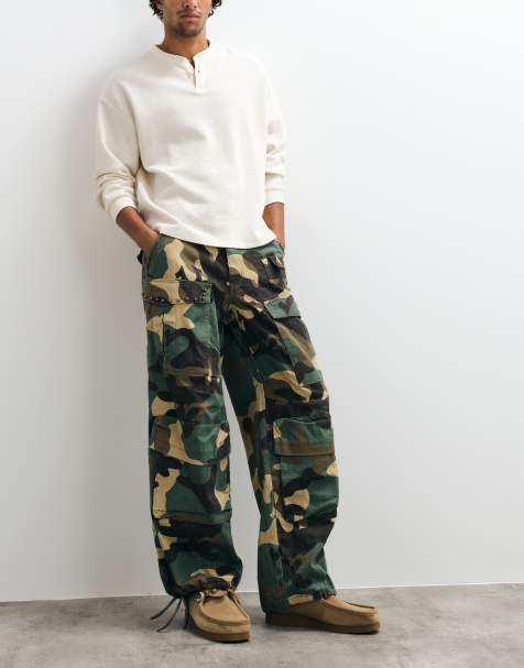 Liquor N Poker baggy stud detail cargo pants in green camo - view 1