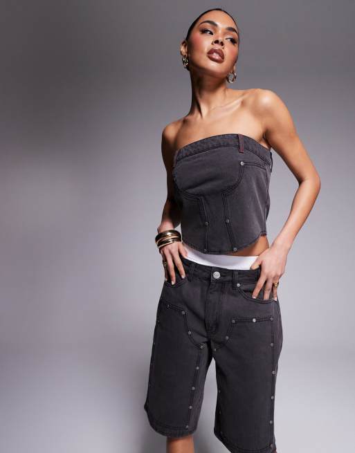 Liquor N Poker - Bandeau en denim style corset fonctionnel - Noir délavé effet sali