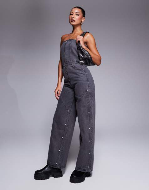 Liquor N Poker bandeau utility jumpsuit with carpenter detail in black wash - view 1