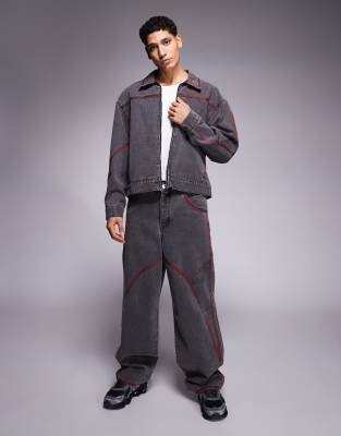 Liquor N Poker Baseball Embroidery Detailing Baggy Jeans In Gray