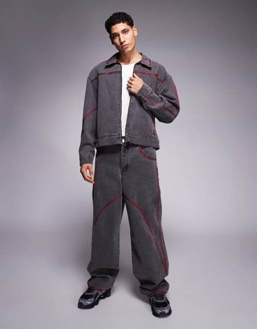 Liquor N Poker embroidery detail oversized baseball jacket & jeans set in black, 2 of 3