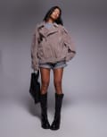 [Liquor N Poker] Liquor N Poker biker jacket with zip through in beige denim-Neutral XL BEIGE