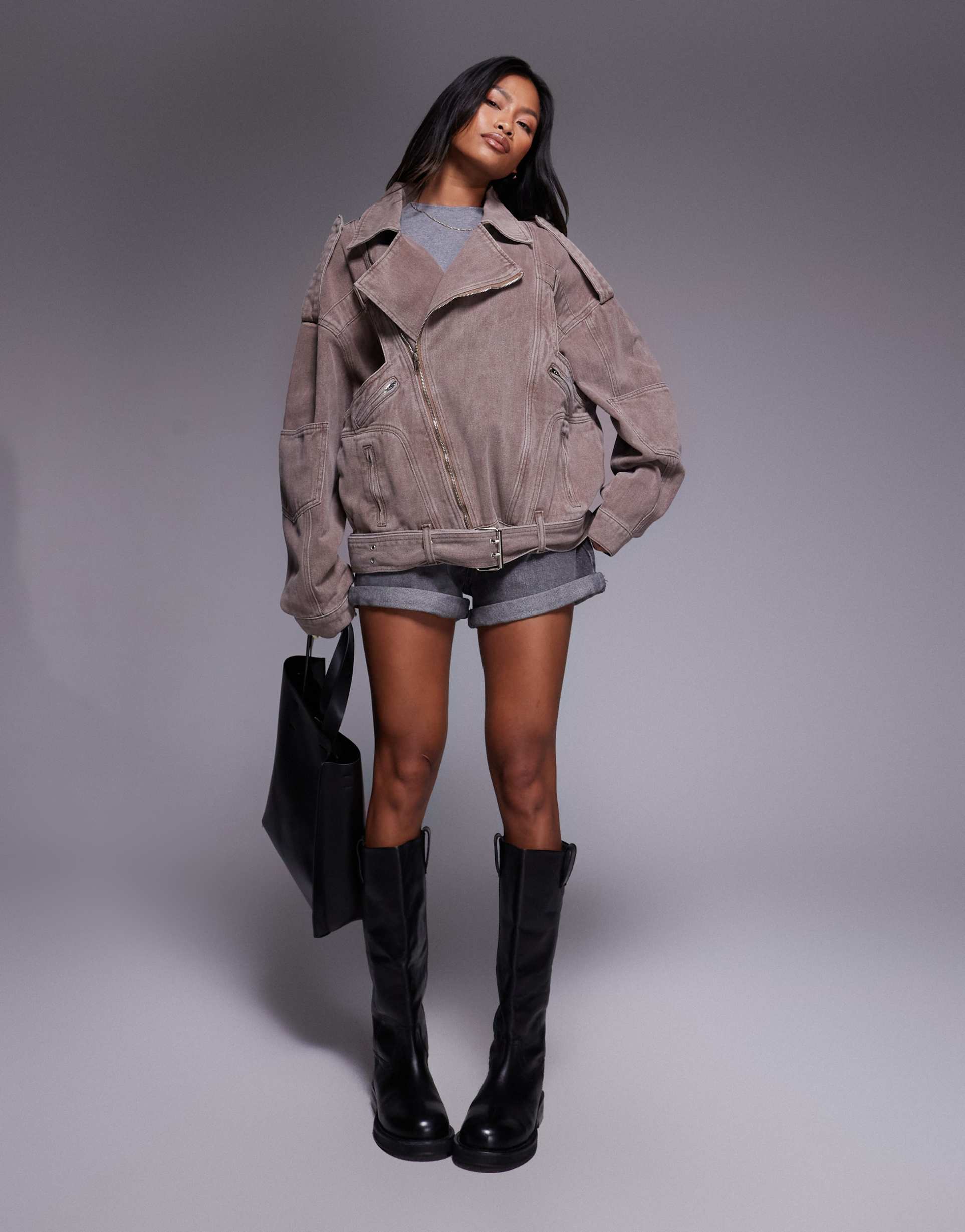 liquor n poker biker jacket with zip through in beige denim