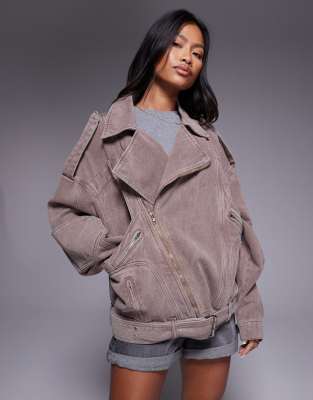 Liquor N Poker Biker Jacket With Zip Through In Neutral
