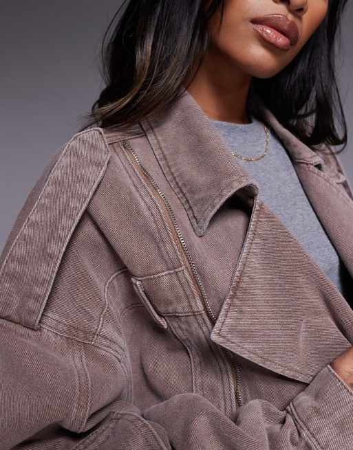 Liquor N Poker biker jacket with zip through in beige denim, 3 of 4