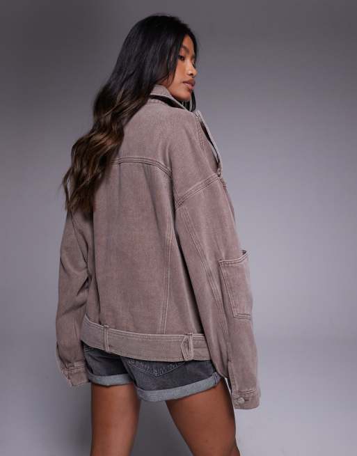 Liquor N Poker biker jacket with zip through in beige denim