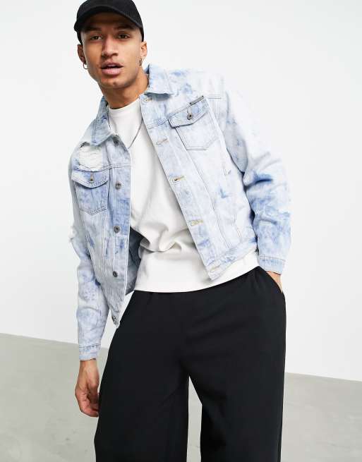Liquor N Poker - Blå oversized denimjakke med gennemgående vandprint