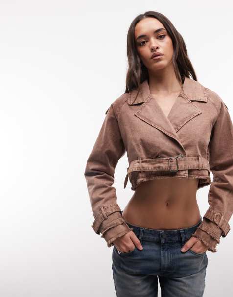 Liquor N Poker - Blouson style motard court en jean à détail boucle de ceinture - Beige foncé délavé - view 1