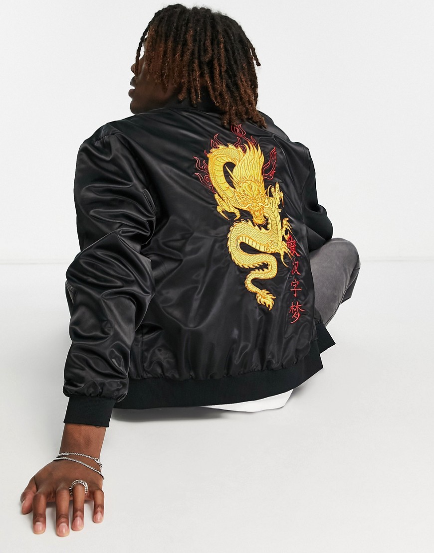 Liquor N Poker Bomber Jacket In Black With Japanese And Dragon Embroidery