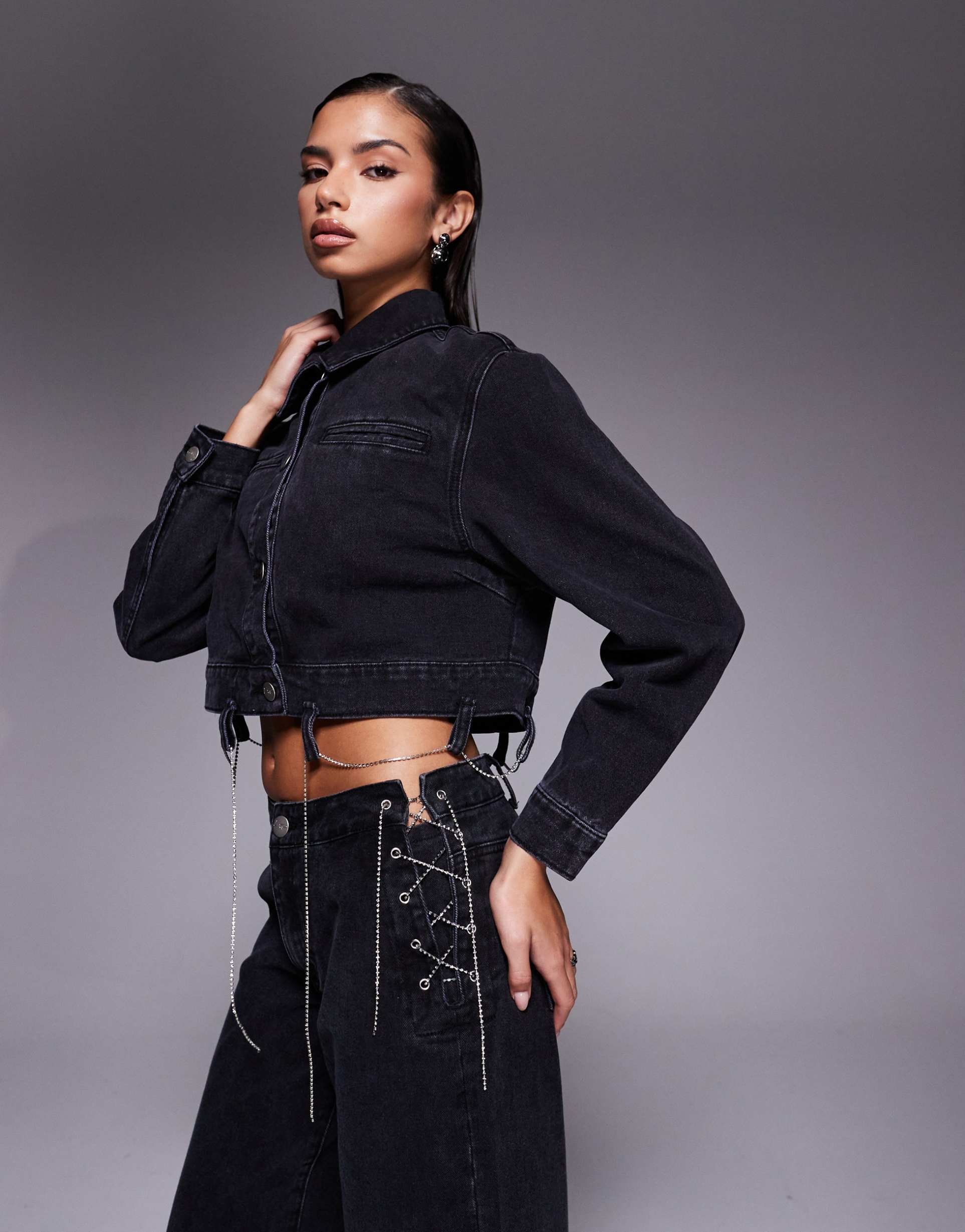 liquor n poker boxy denim chain detail jacket in black - part of a set