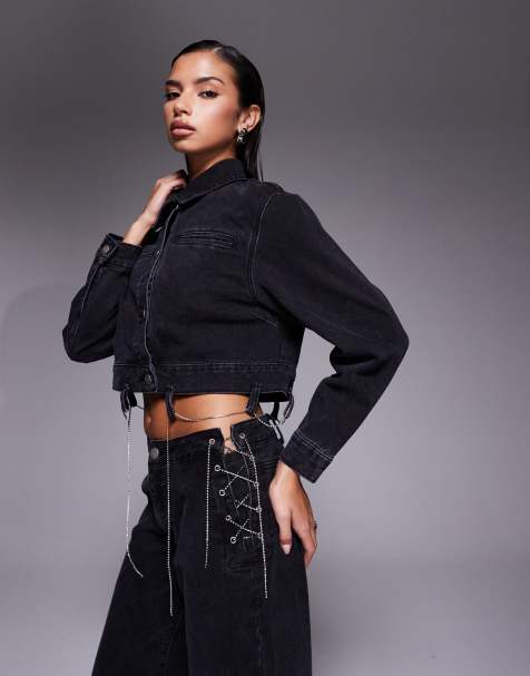 Liquor N Poker boxy denim chain detail jacket co-ord in black