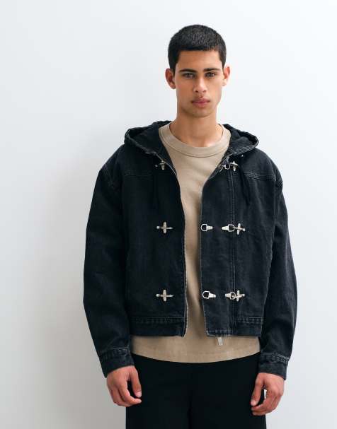 Liquor N Poker boxy denim fireman clasp hooded jacket in black - view 1