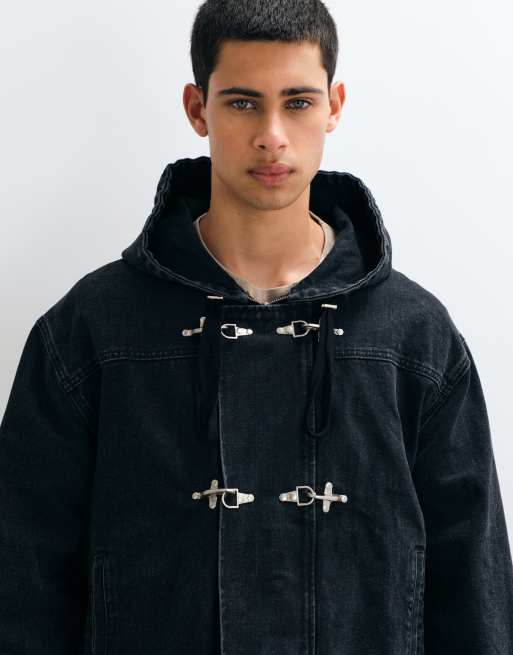 Liquor N Poker boxy denim fireman clasp hooded jacket in black, 2 of 5