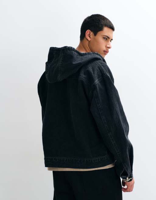 Liquor N Poker boxy denim fireman clasp hooded jacket in black, 3 of 5