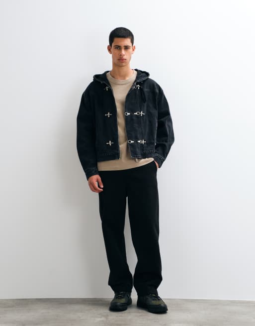 Liquor N Poker boxy denim fireman clasp hooded jacket in black, 4 of 5