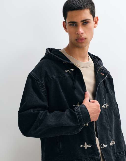 Liquor N Poker boxy denim fireman clasp hooded jacket in black, 5 of 5