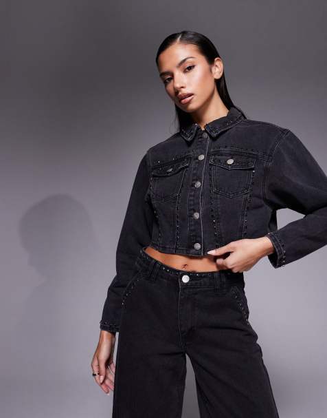 Liquor N Poker boxy denim jacket with diamante seam detail co-ord in washed black