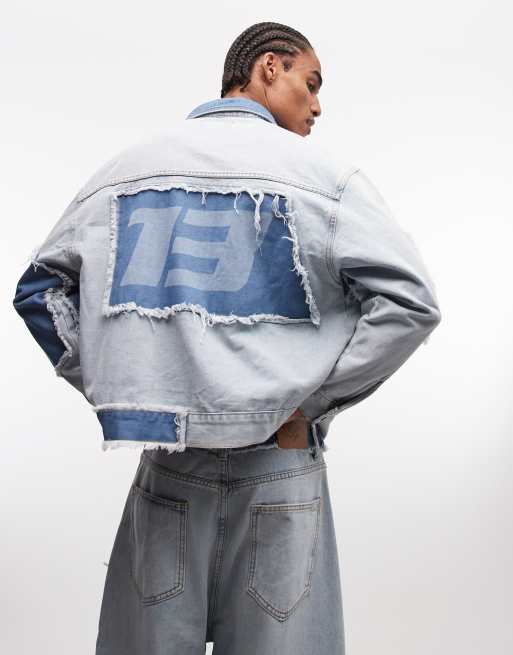 Liquor N Poker boxy distressed cut n sew denim jacket co-ord in blue, 2 of 5