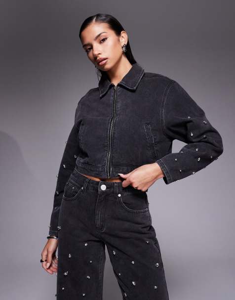 Liquor N Poker boxy embeliished denim jacket co-ord in black - view 1