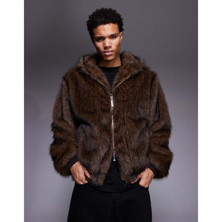 Liquor N Poker boxy faux fur bomber jacket in brown | ASOS
