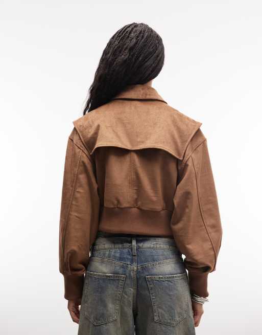 Liquor N Poker boxy faux suede bomber jacket in tan, 4 of 4