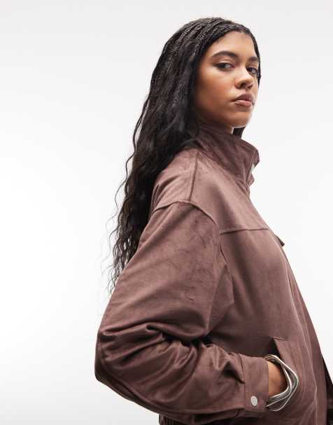 Liquor N Poker boxy faux suede funnel neck jacket in chocolate brown - view 1