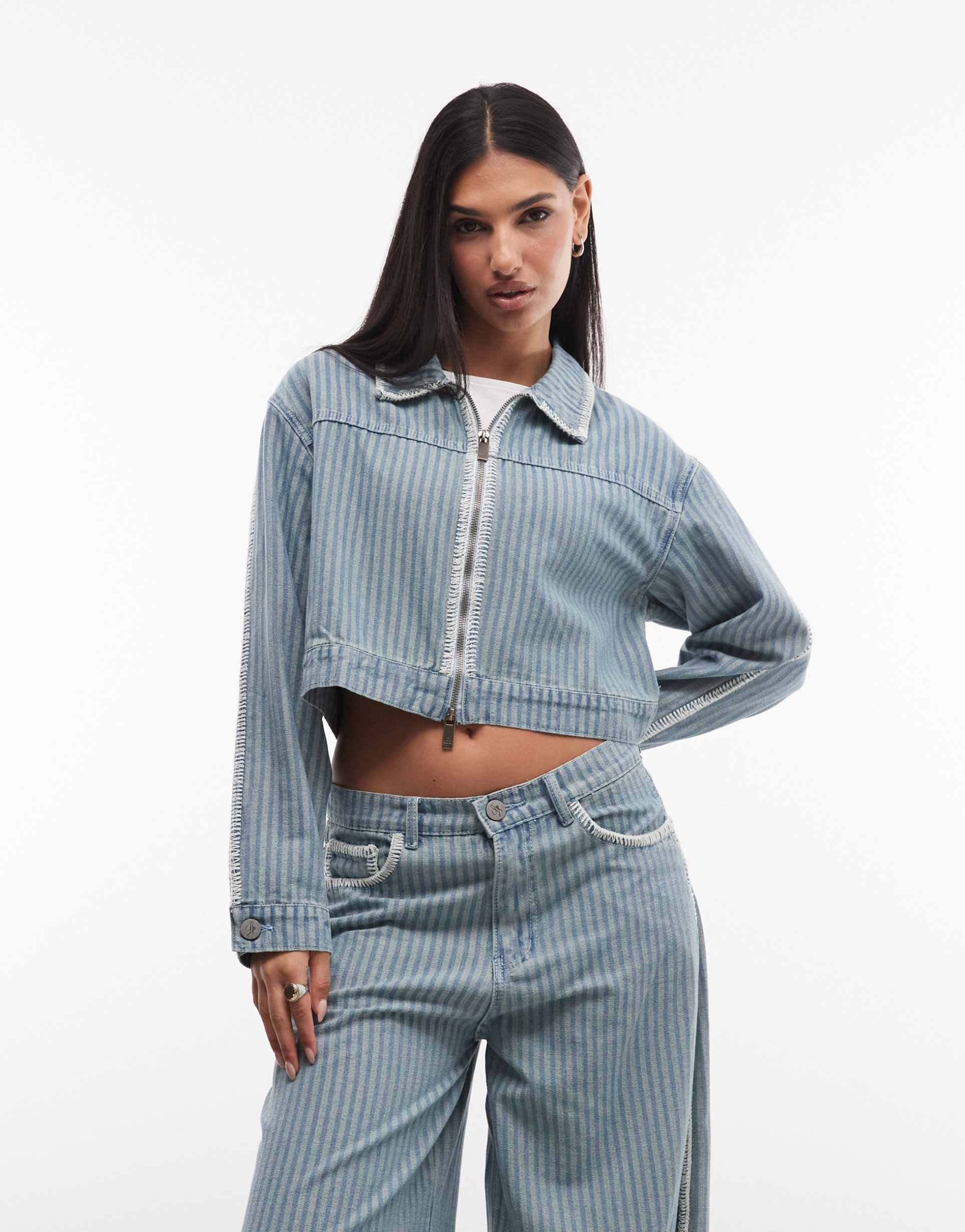 liquor n poker boxy pinstripe denim jacket with embroidery detail in blue - part of a set