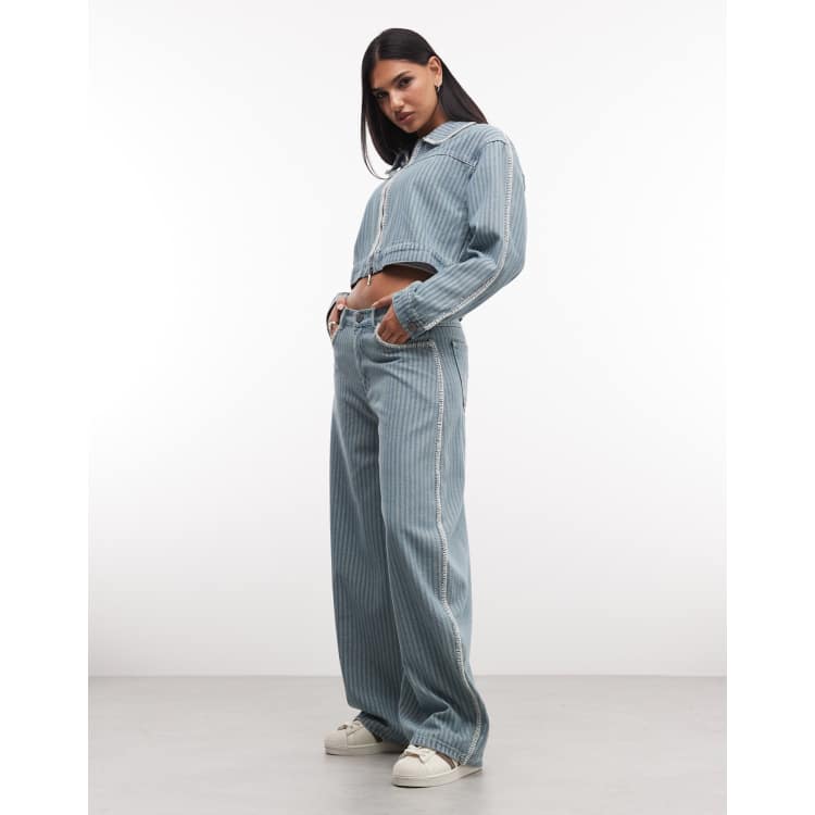Liquor N Poker boxy pinstripe denim set with embroidery detail in