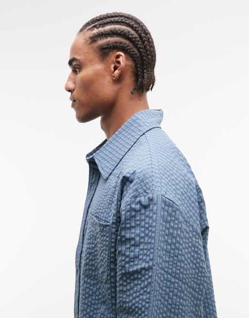 Liquor N Poker boxy shirt in blue micro plaid, 4 of 5