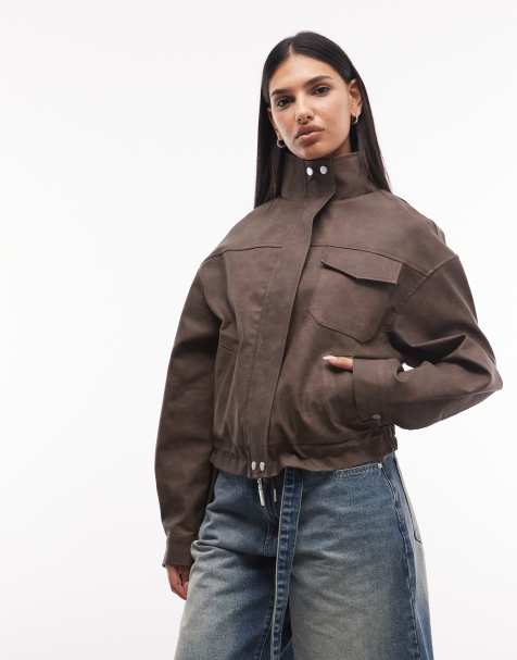 Liquor N Poker boxy textured funnel neck jacket in brown