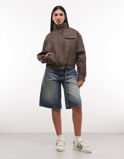 Liquor N Poker boxy textured funnel neck jacket in brown, 2 of 4